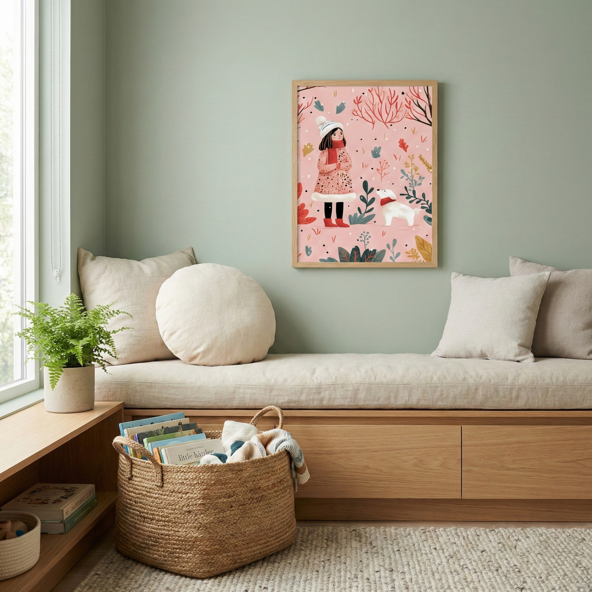 Vintage girl dog nursery art poster with winter illustration for kids room decor
