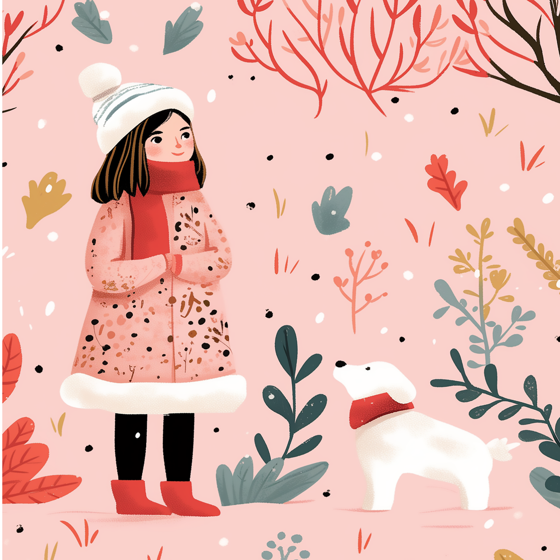 Vintage girl with dog poster featuring winter illustration for nursery wall decor