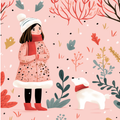 Vintage girl with dog poster featuring winter illustration for nursery wall decor