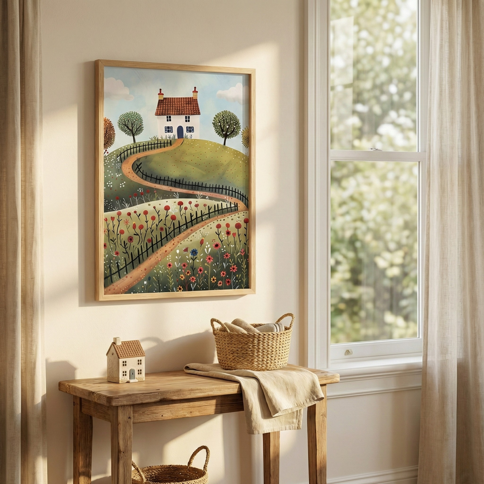Vintage house wall art poster with cottage landscape illustration for nursery decor