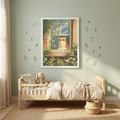 Whimsical cat posters for wall with cute kitten illustration and floral window scene decor