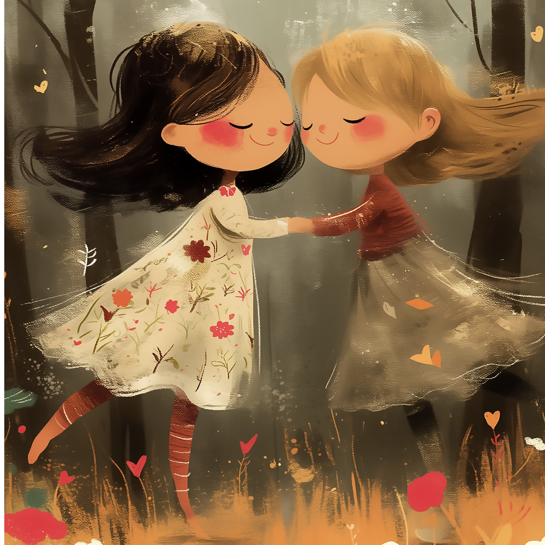 Whimsical friends dancing art poster with girls illustration in soft dreamy forest wall decor