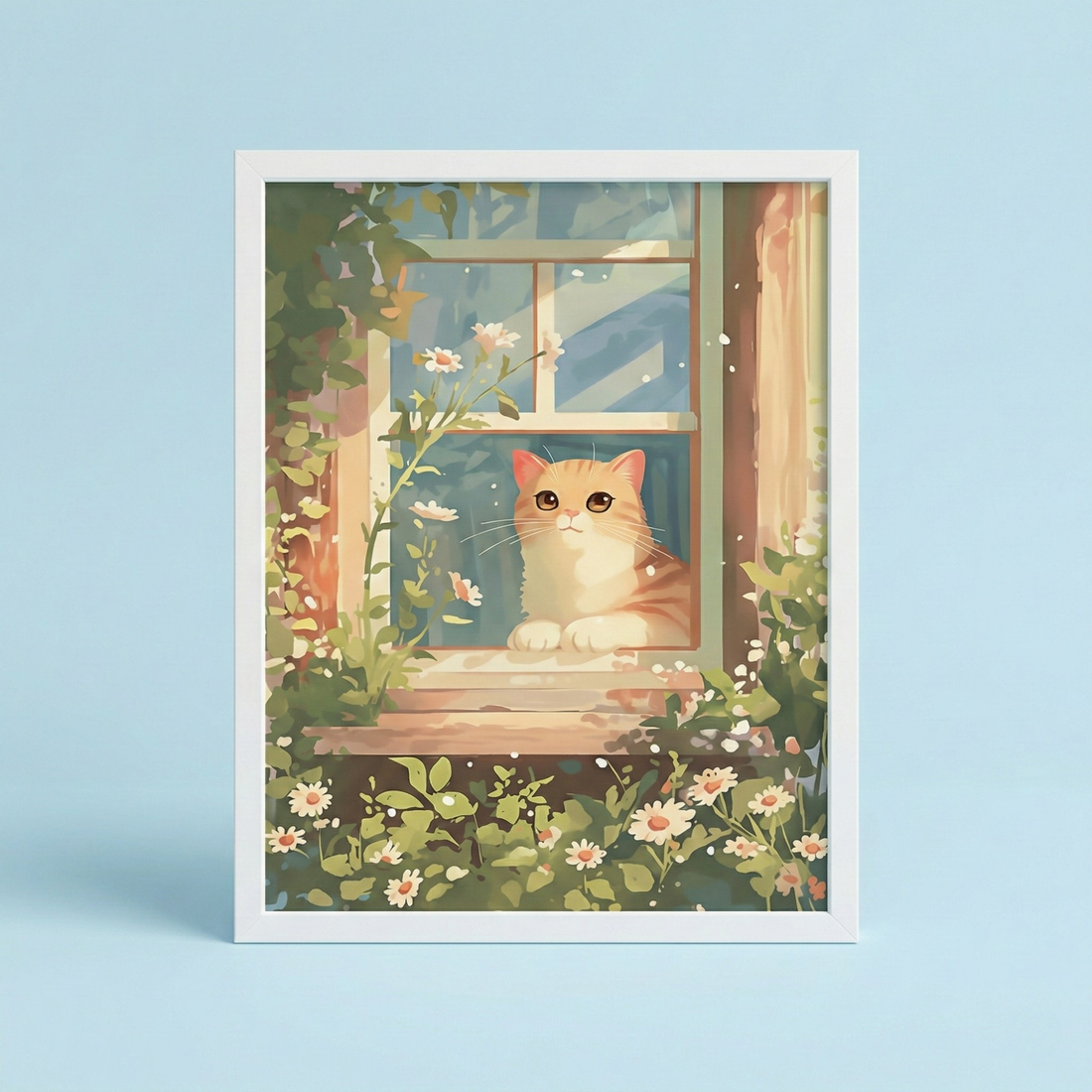 Cat wall art poster featuring cute kitten in window with floral garden nursery decor