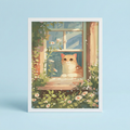 Whimsical half open window cat wall art poster with cute kitten and floral garden decor