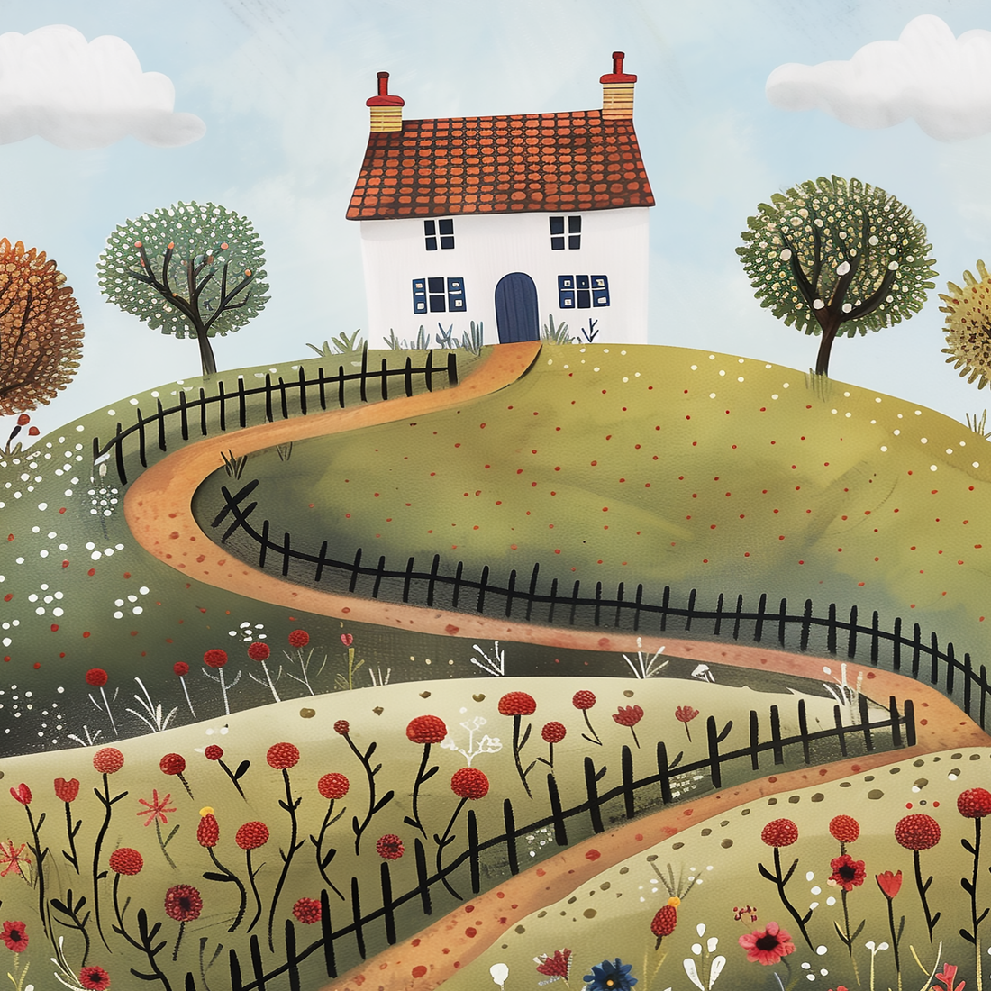 Winding hill wall art poster with cottage landscape illustration for nursery decor